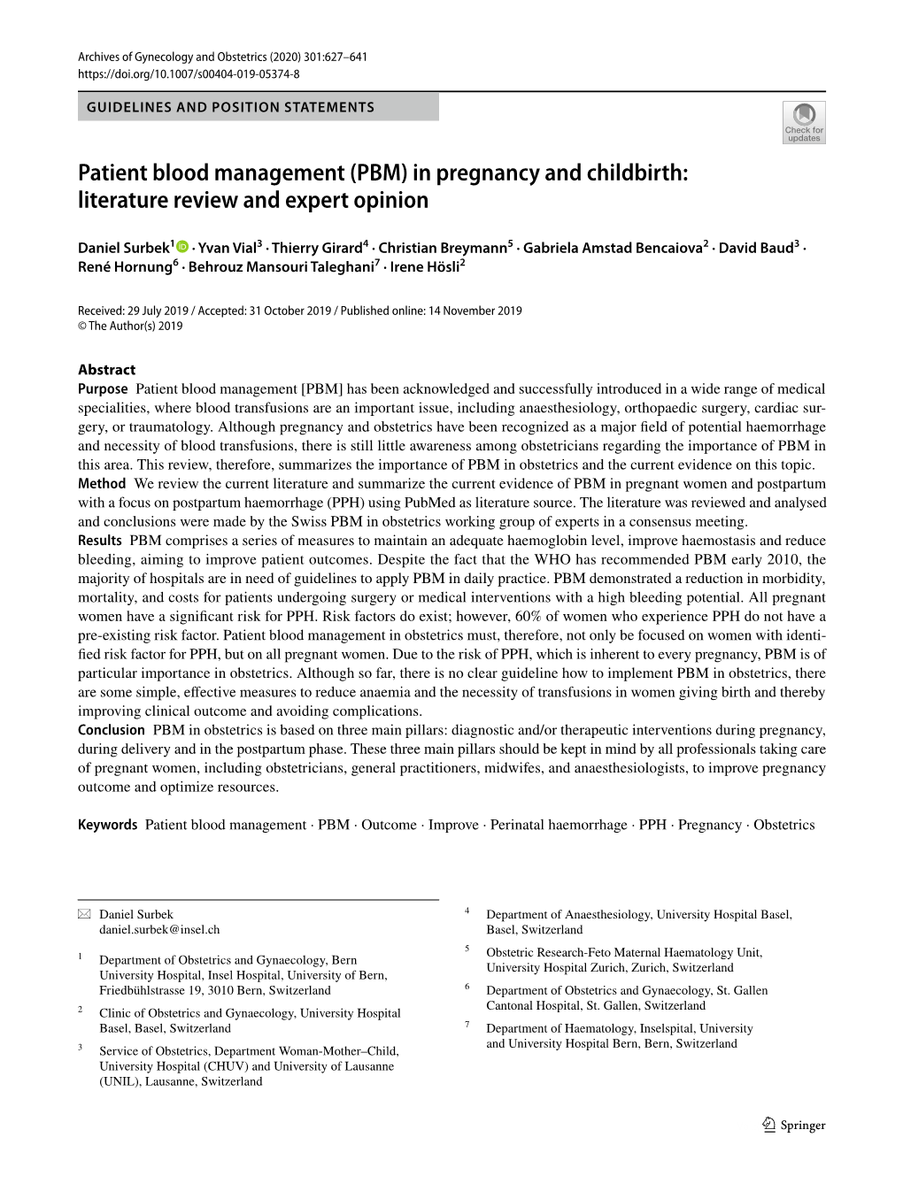 Patient Blood Management (PBM) in Pregnancy and Childbirth: Literature Review and Expert Opinion
