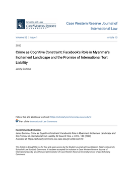 Crime As Cognitive Constraint: Facebook's Role in Myanmar's Incitement Landscape and the Promise of International Tort Liability
