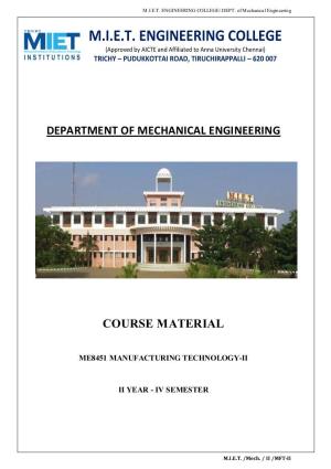 Department of Mechanical Engineering Course Material