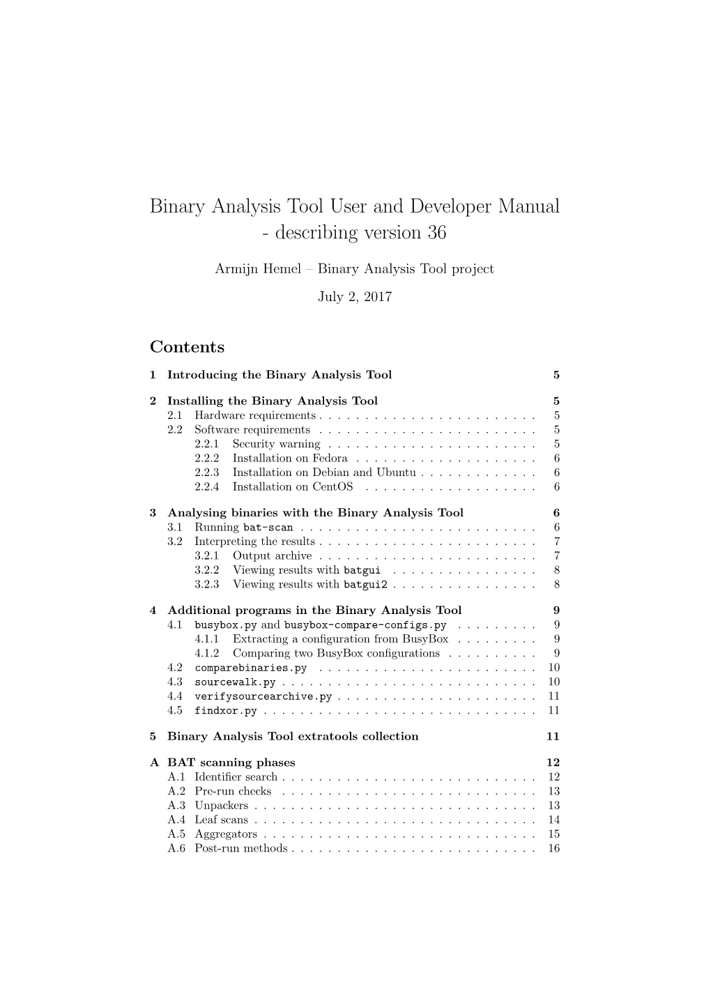 Binary Analysis Tool User and Developer Manual - Describing Version 36