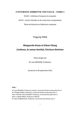 Yingying YANG Marguerite Duras Et Eileen Chang L'enfance, Le Roman