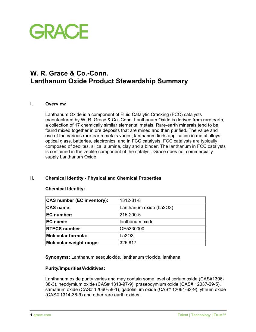 W. R. Grace & Co.-Conn. Lanthanum Oxide Product Stewardship Summary