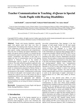 Teacher Communication in Teaching Al-Quran to Special Needs Pupils with Hearing Disabilities