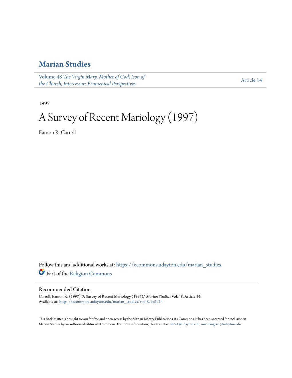 A Survey of Recent Mariology (1997) Eamon R