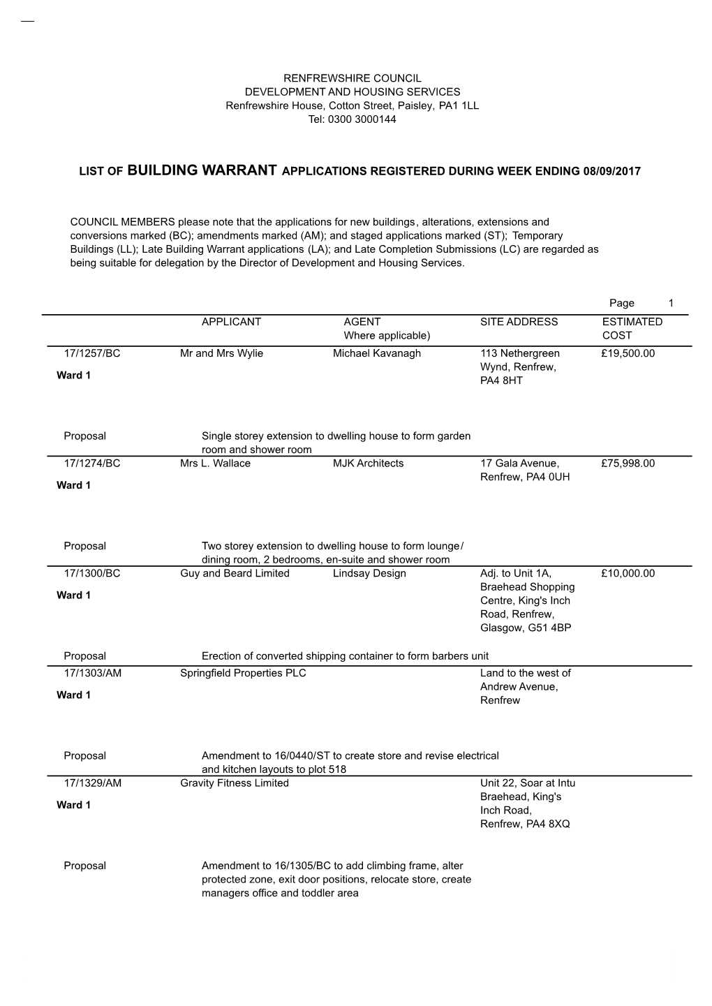 List of Building Warrant Applications Registered During Week Ending 08/09/2017