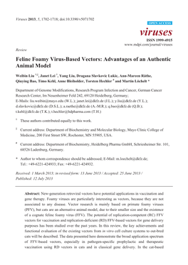 Feline Foamy Virus-Based Vectors: Advantages of an Authentic Animal Model
