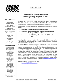 NEWS RELEASE Formula 5000 Drivers Association Announces