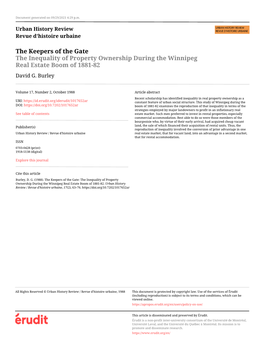The Inequality of Property Ownership During the Winnipeg Real Estate Boom of 1881-82 David G