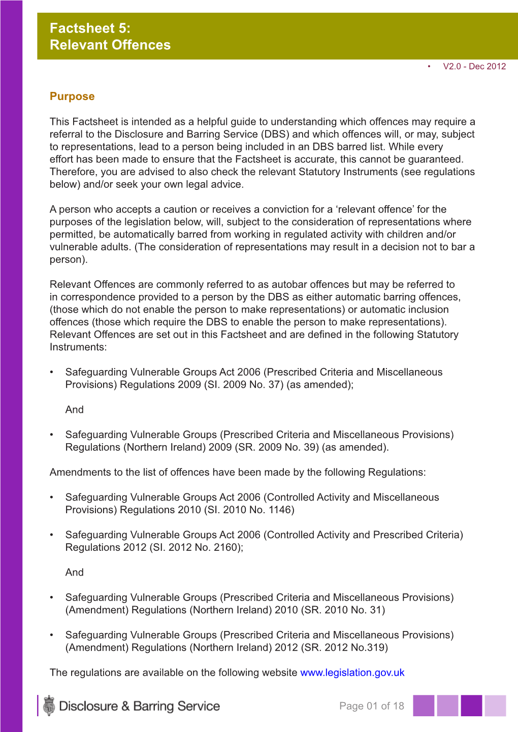 Factsheet 5: Relevant Offences • V2.0 - Dec 2012