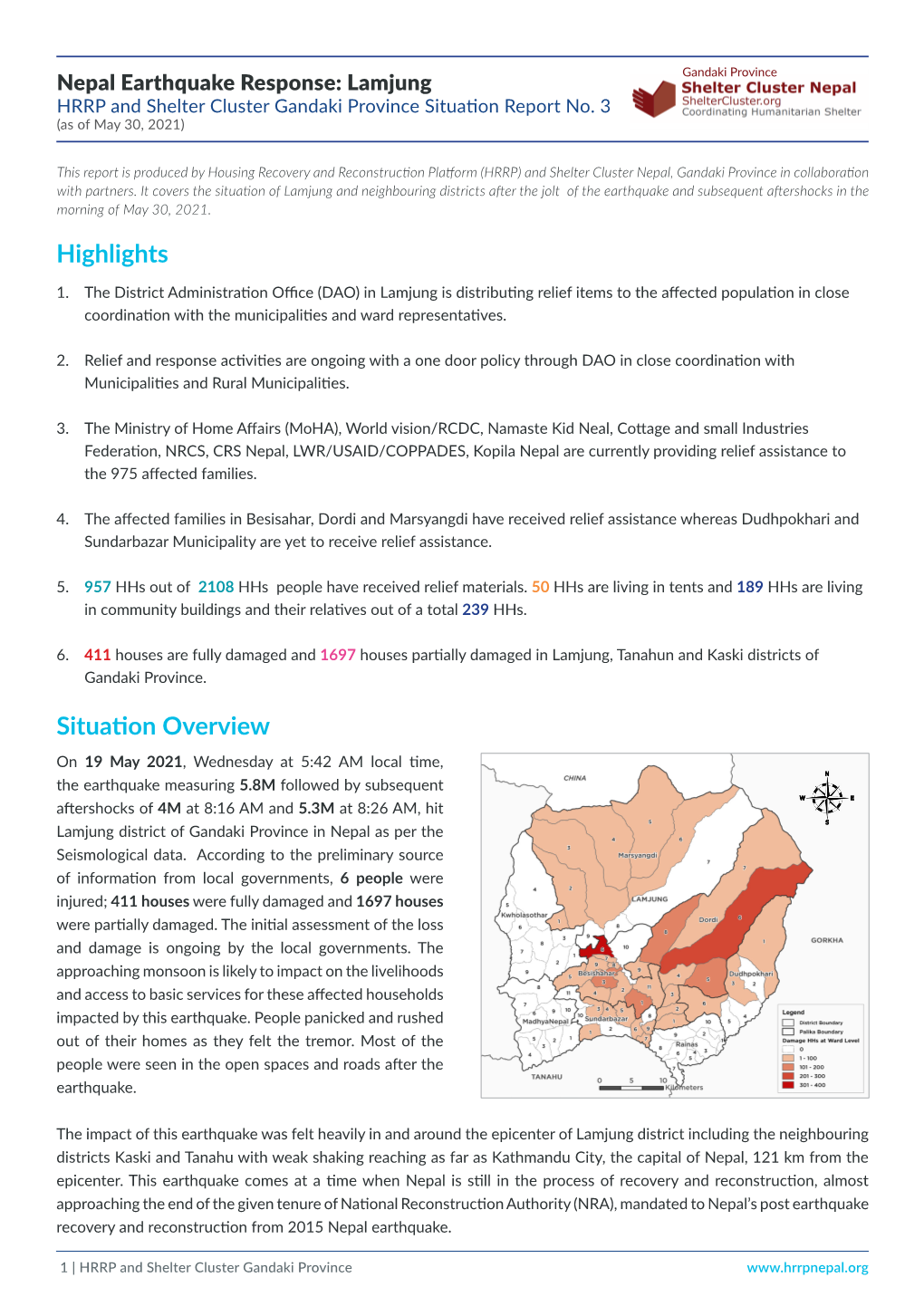 Nepal Earthquake Response: Lamjung HRRP and Shelter Cluster Gandaki Province Situation Report No