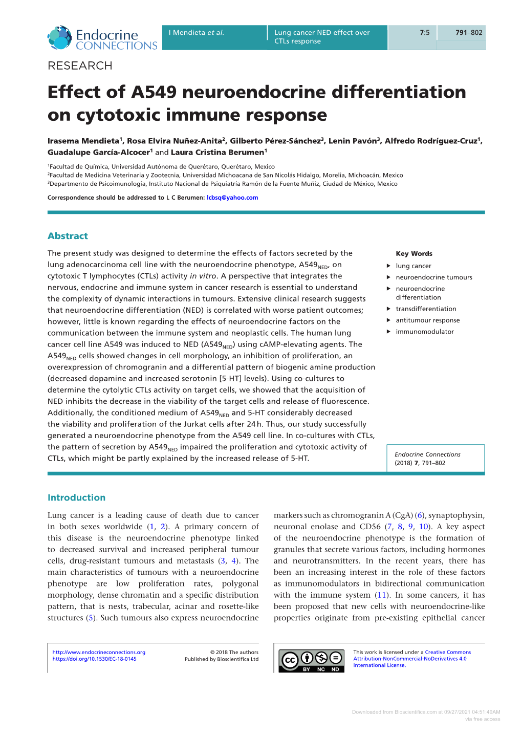 Effect of A549 Neuroendocrine Differentiation on Cytotoxic Immune Response
