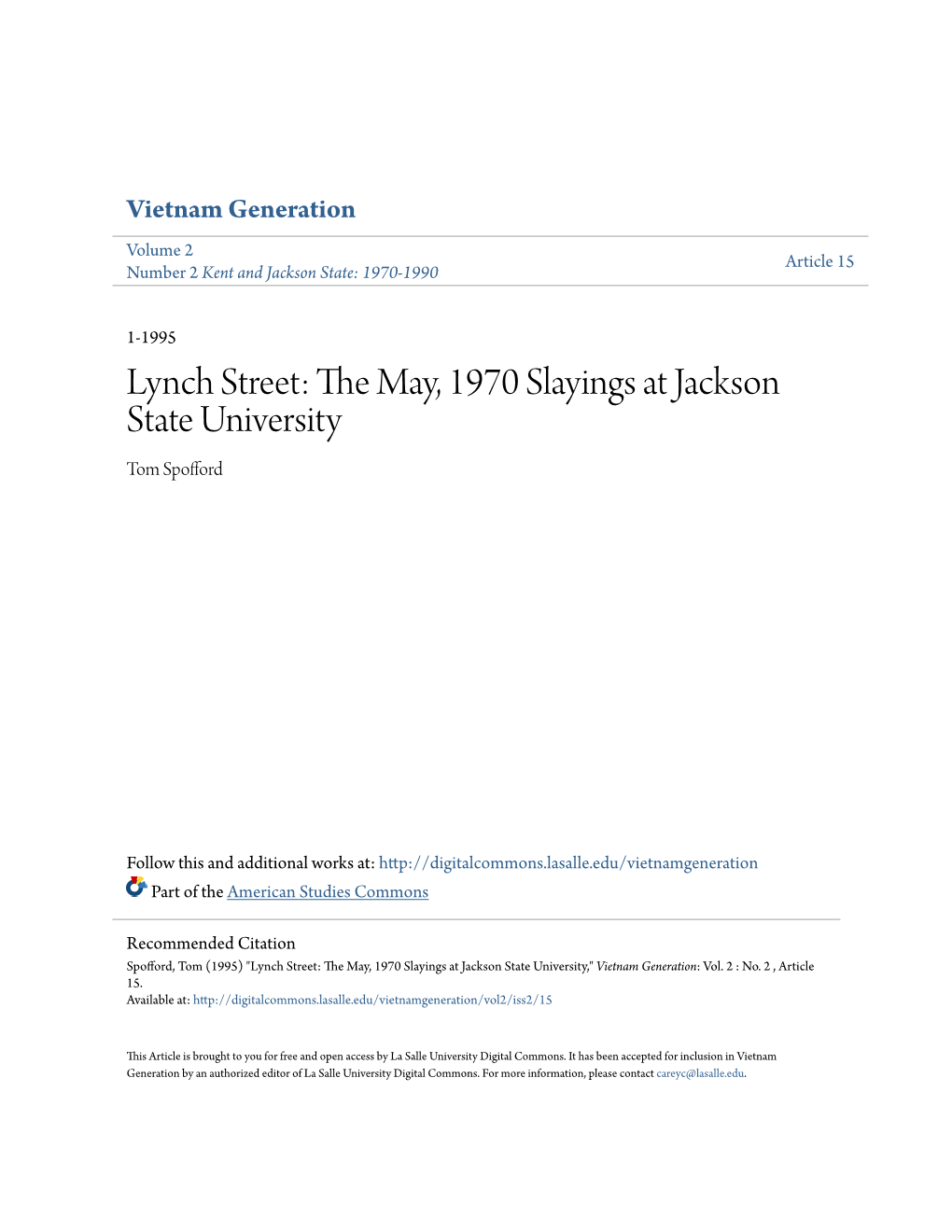 Lynch Street: the May, 1970 Slayings at Jackson State University