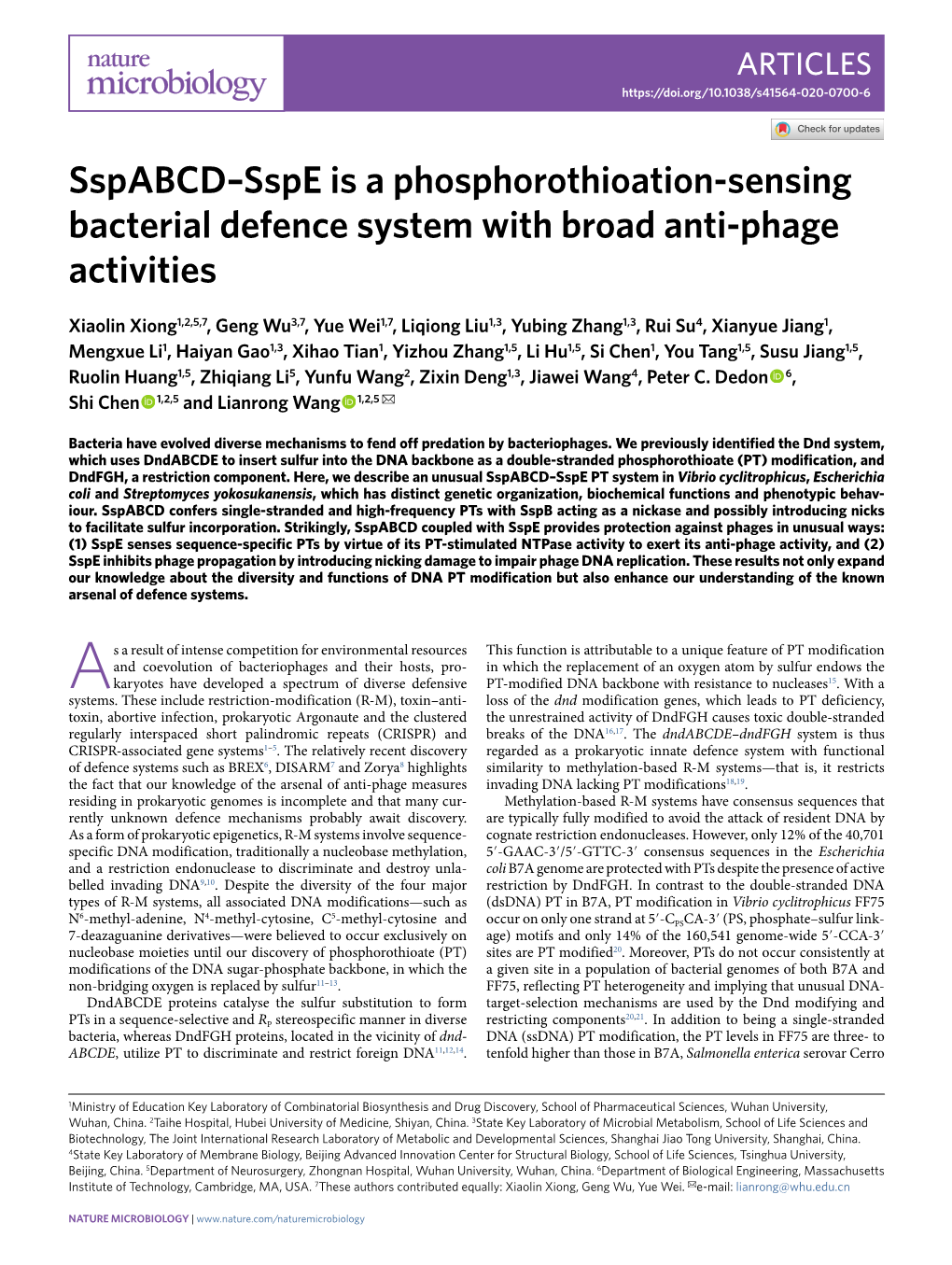 Sspabcd–Sspe Is a Phosphorothioation-Sensing Bacterial Defence System with Broad Anti-Phage Activities