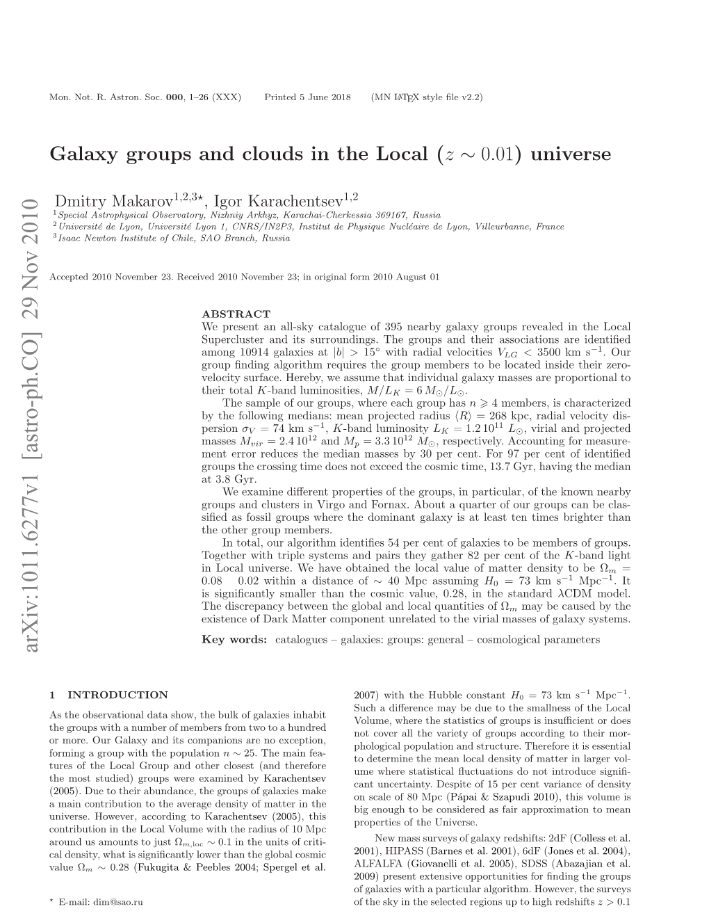 Galaxy Groups and Clouds in the Local (Z~ 0.01) Universe