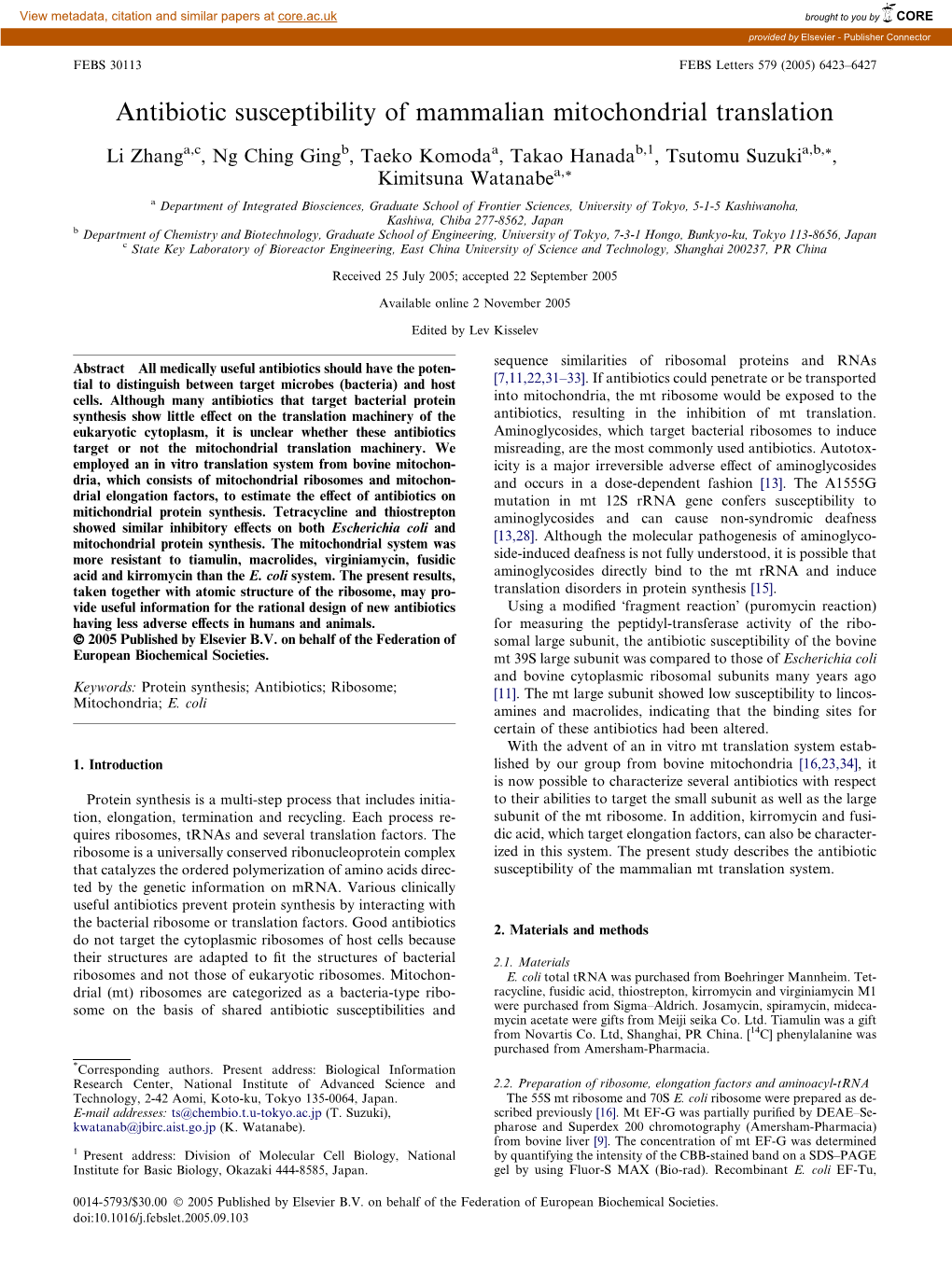 Antibiotic Susceptibility of Mammalian Mitochondrial Translation