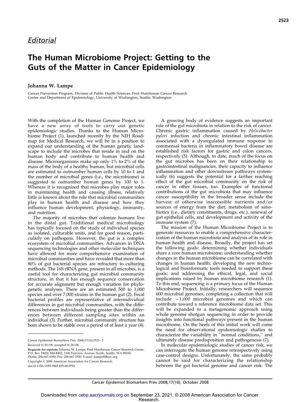 The Human Microbiome Project: Getting to the Guts of the Matter in Cancer Epidemiology