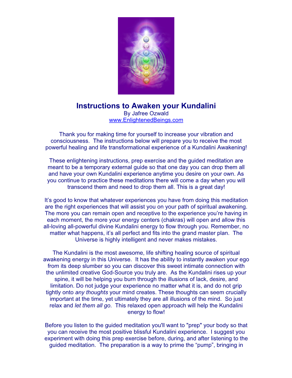 Instructions to Awaken Your Kundalini by Jafree Ozwald