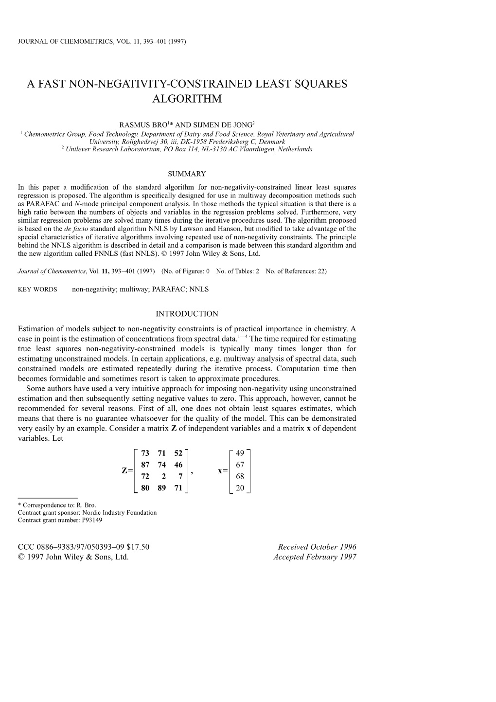 A Fast Non-Negativity-Constrained Least Squares Algorithm