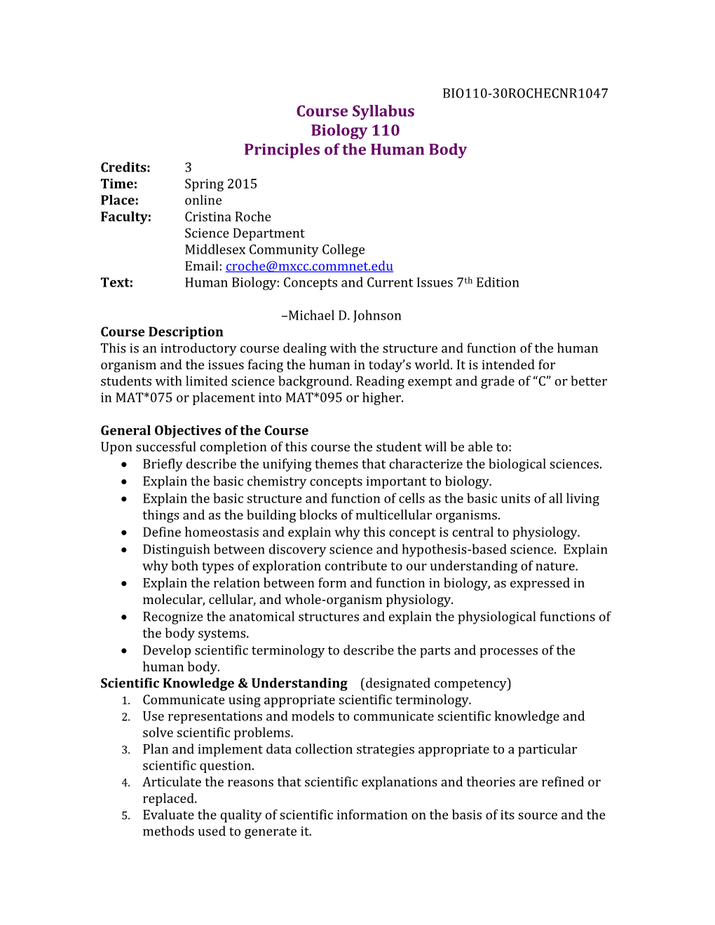 Course Syllabus Biology 110 Principles of the Human Body