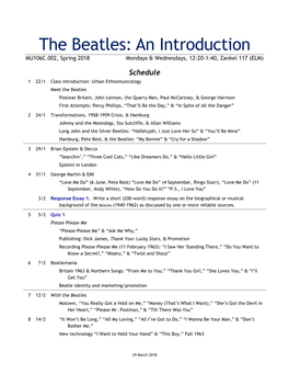 The Beatles: an Introduction MU106C.002, Spring 2018 Mondays & Wednesdays, 12:20-1:40, Zankel 117 (ELM)