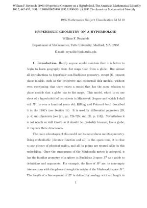 Hyperbolic Geometry on a Hyperboloid, the American Mathematical Monthly, 100:5, 442-455, DOI: 10.1080/00029890.1993.11990430