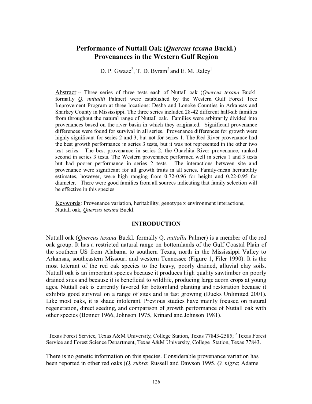 Performance of Nuttall Oak (Quercus Texana Buckl.) Provenances in the Western Gulf Region