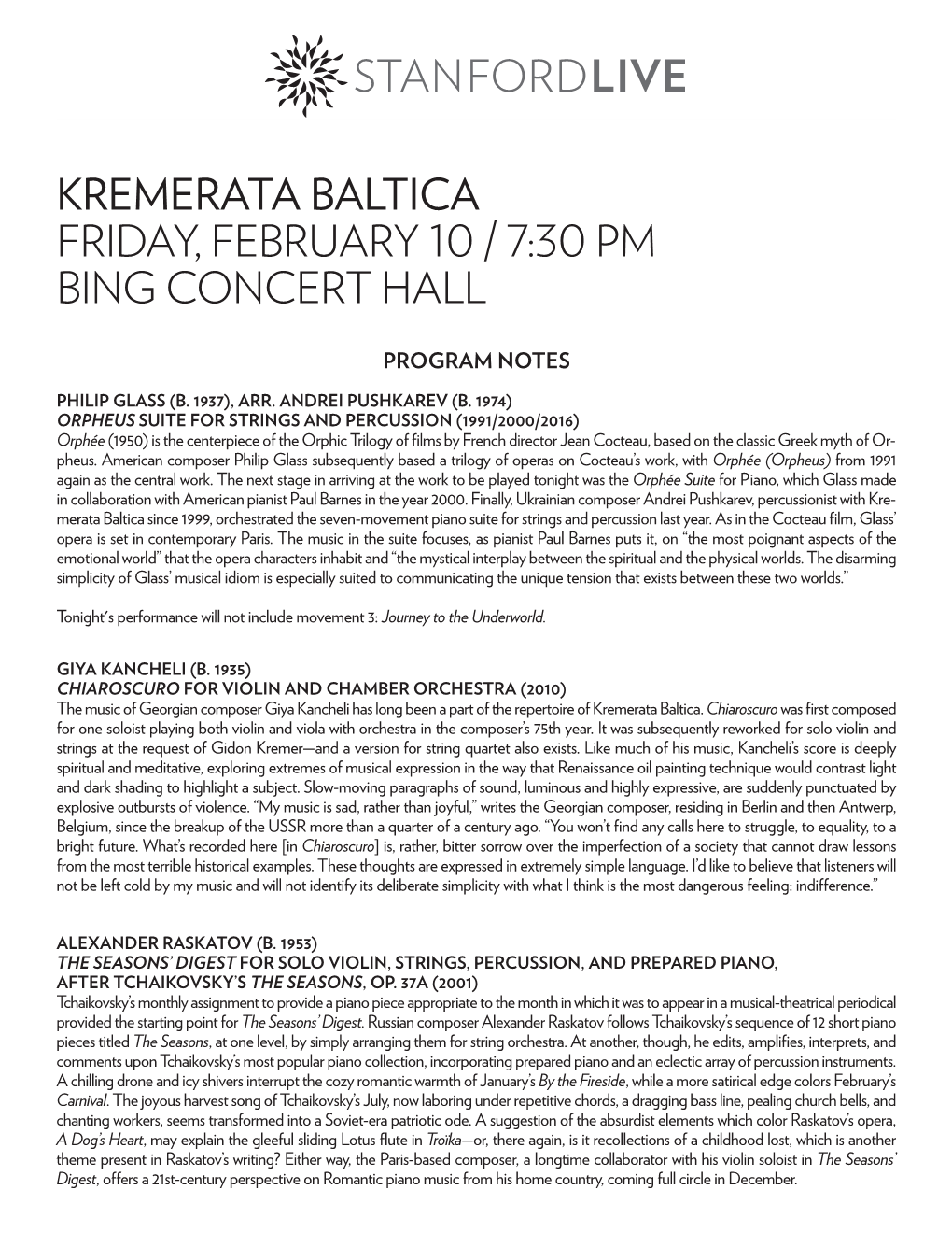 Kremerata Baltica Friday, February   : Pm Bing Concert Hall