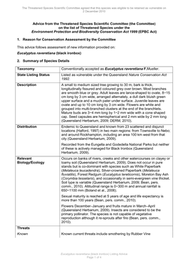 On the List of Threatened Species Under the Environment Protection and Biodiversity Conservation Act 1999 (EPBC Act)