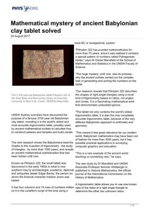 Mathematical Mystery of Ancient Babylonian Clay Tablet Solved 24 August 2017