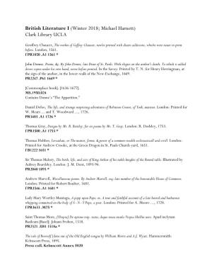British Literature I (Winter 2018; Michael Harnett) Clark Library UCLA