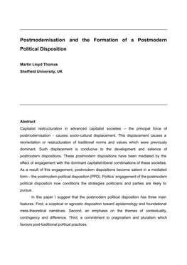 Postmodernisation and the Formation of a Postmodern Political Disposition
