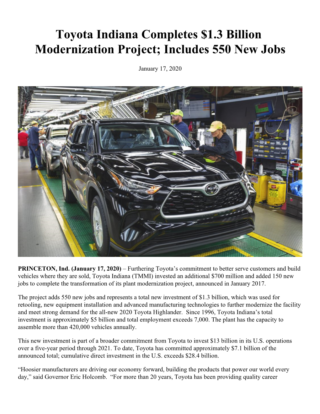 Toyota Indiana Completes $1.3 Billion Modernization Project; Includes 550 New Jobs