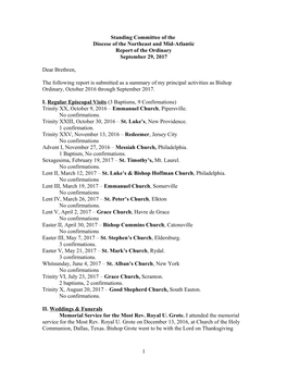 Standing Committee of the Diocese of the Northeast and Mid-Atlantic Report of the Ordinary September 29, 2017