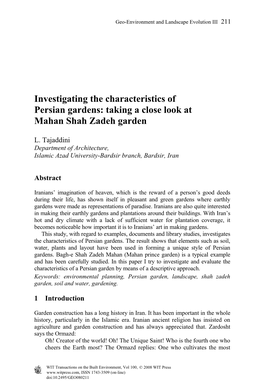 Investigating the Characteristics of Persian Gardens: Taking a Close Look at Mahan Shah Zadeh Garden