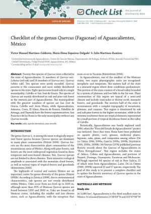 Checklist of the Genus Quercus (Fagaceae) of Aguascalientes, México