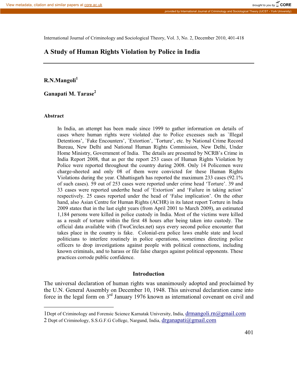 A Study of Human Rights Violation by Police in India