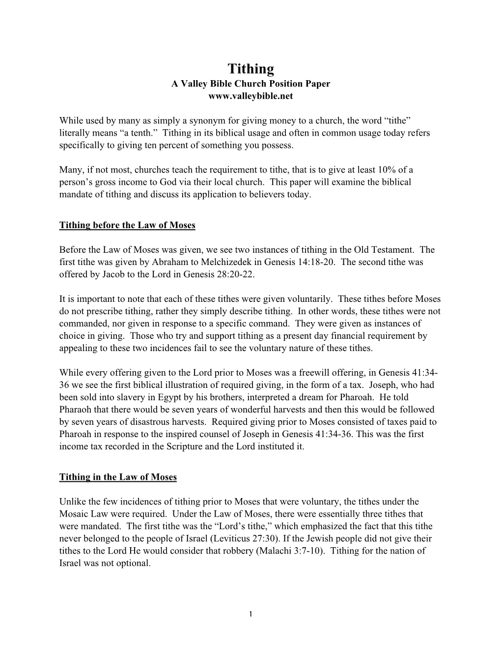 Tithing a Valley Bible Church Position Paper