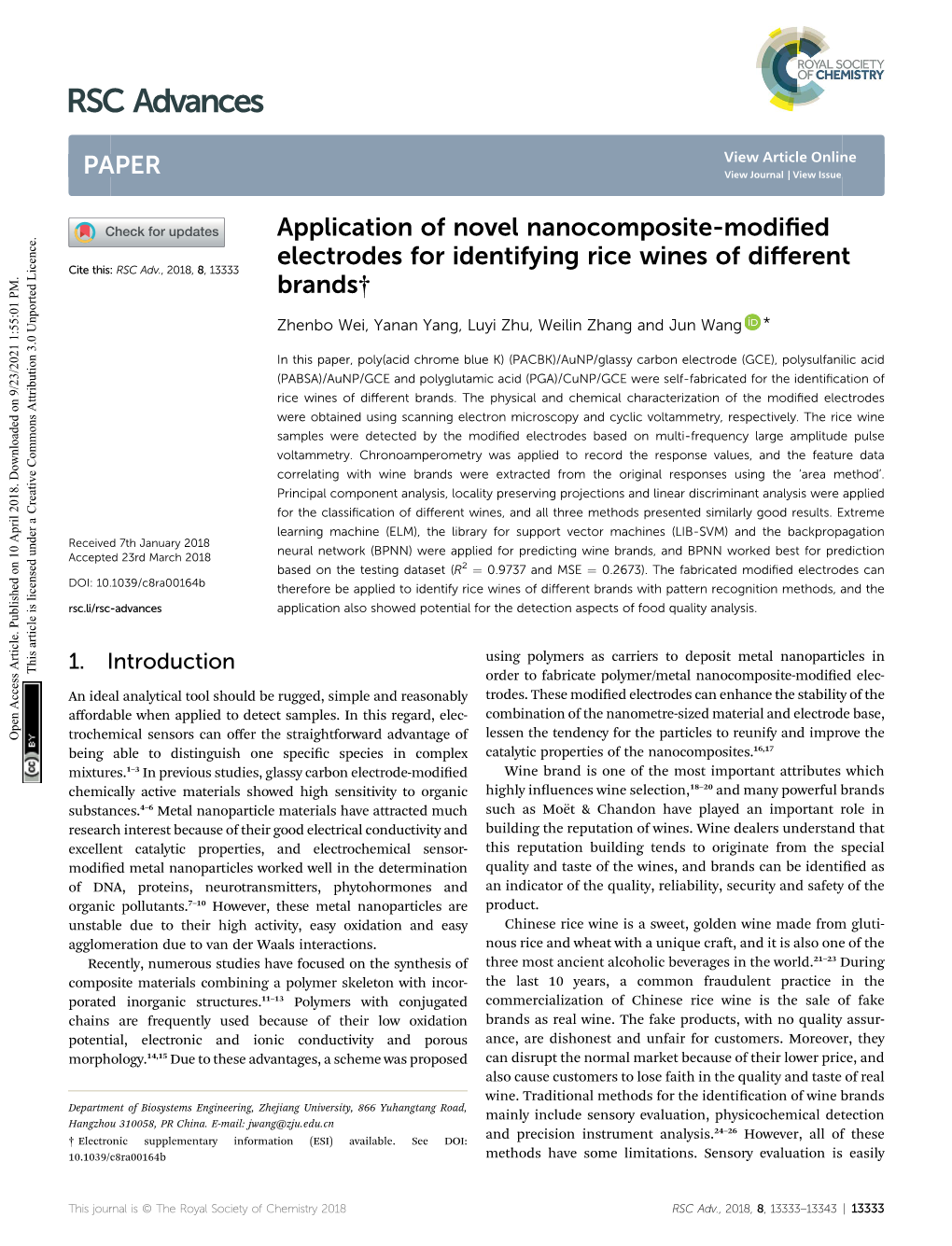 Application of Novel Nanocomposite-Modified Electrodes for Identifying Rice Wines of Different Brands