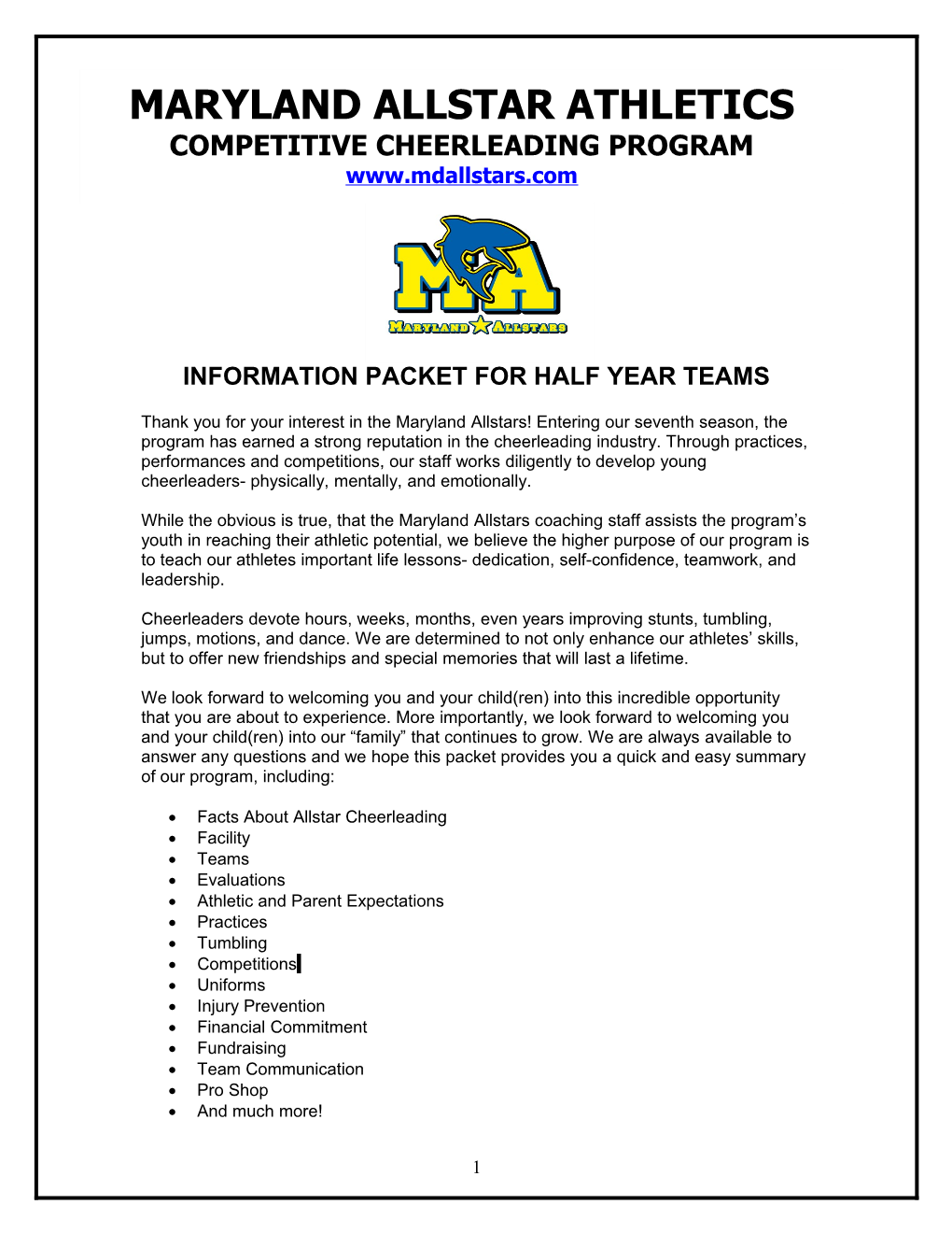 Information Packet for Half Year Teams