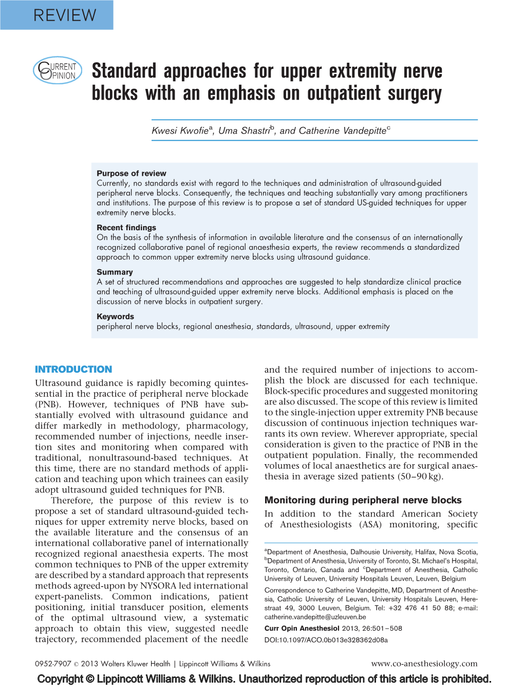 Standard Approaches for Upper Extremity Nerve Blocks with an Emphasis on Outpatient Surgery