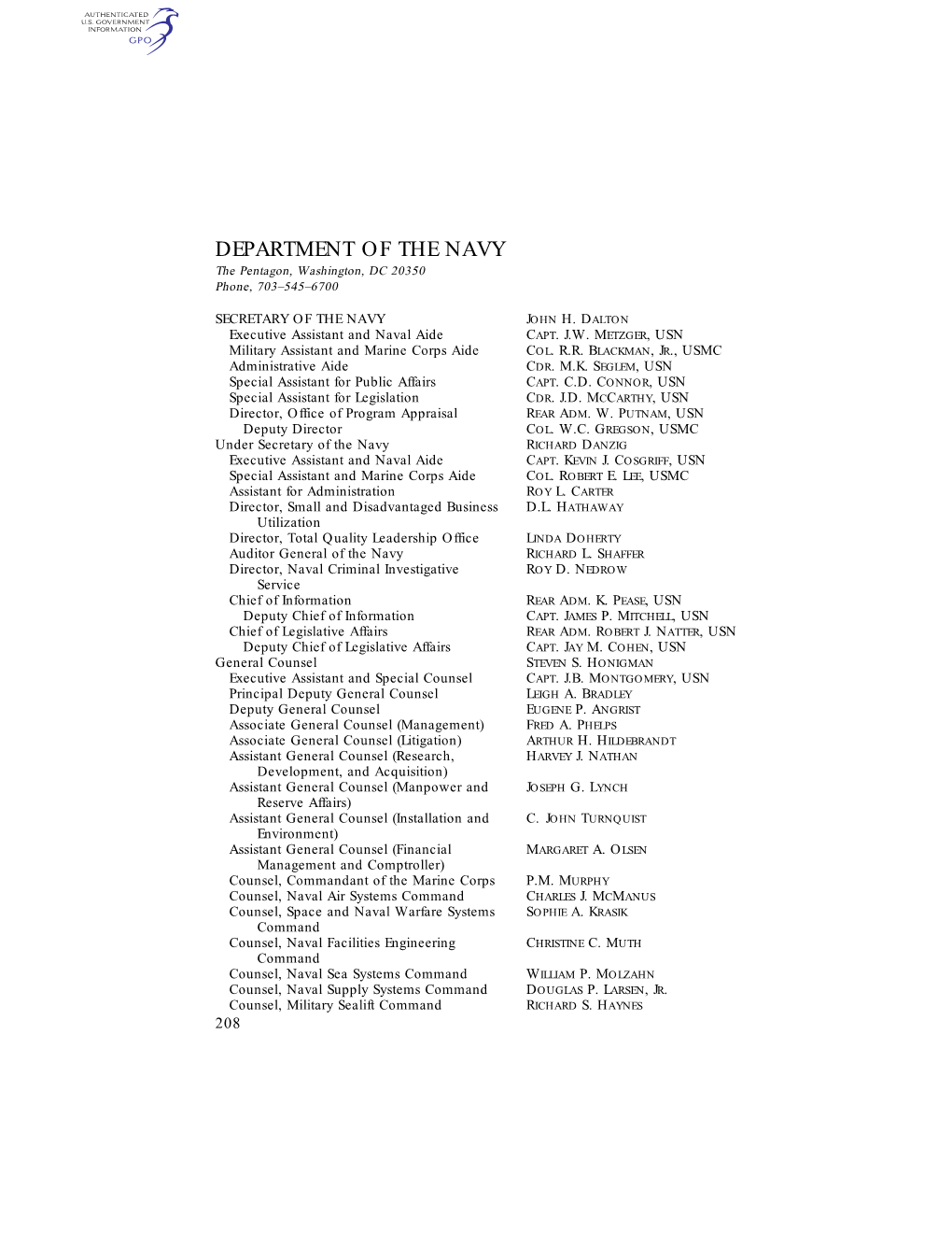 DEPARTMENT of the NAVY the Pentagon, Washington, DC 20350 Phone, 703–545–6700