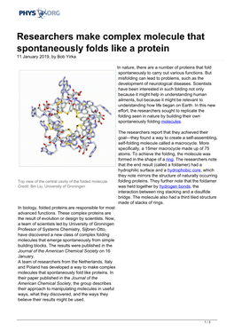 Researchers Make Complex Molecule That Spontaneously Folds Like a Protein 11 January 2019, by Bob Yirka