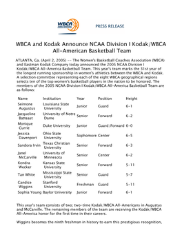 WBCA and Kodak Announce NCAA Division I Kodak/WBCA All-American Basketball Team