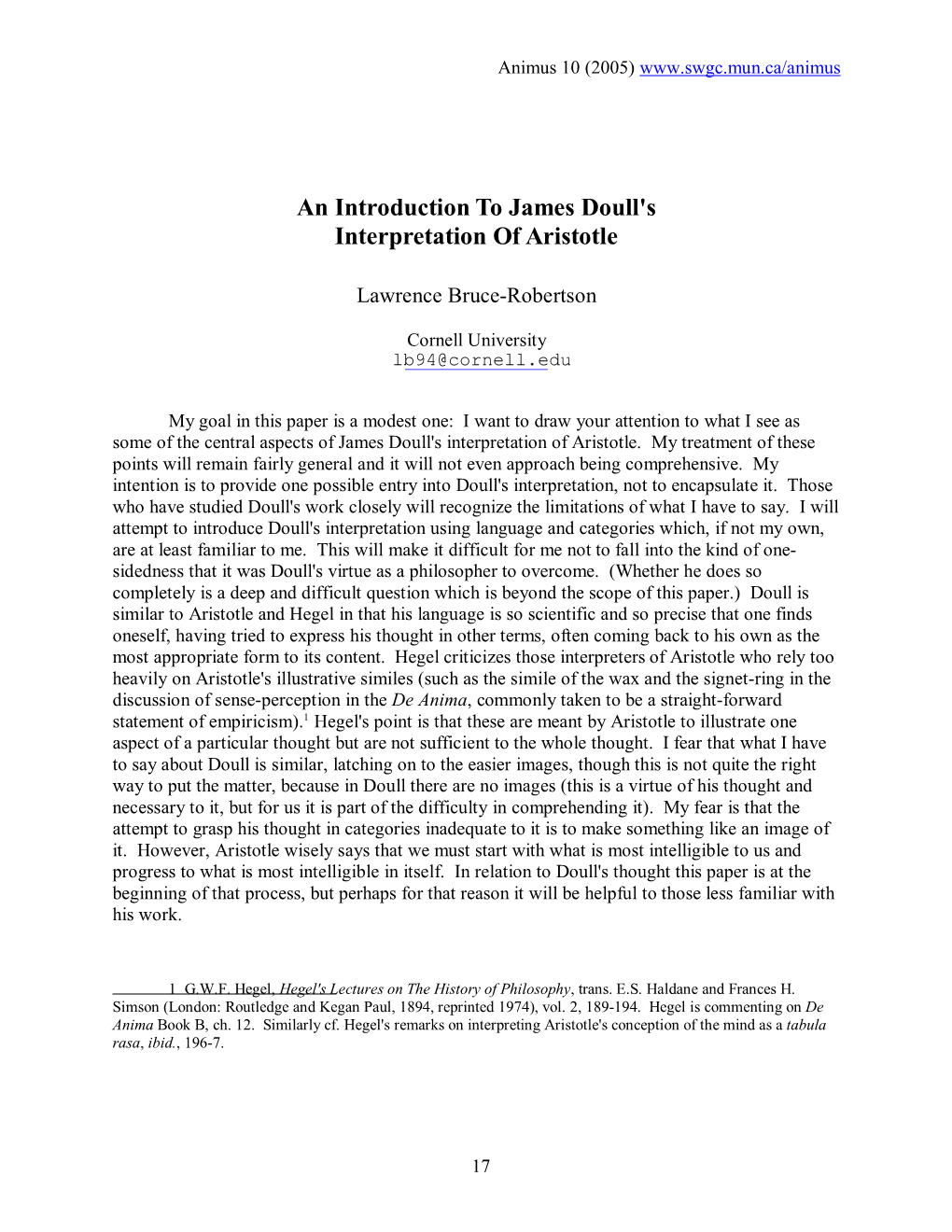 An Introduction to James Doull's Interpretation of Aristotle