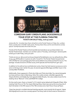 COMEDIAN GARY OWEN PLANS JACKSONVILLE TOUR STOP at the FLORIDA THEATRE TICKETS on SALE Friday, June 9 | 10Am