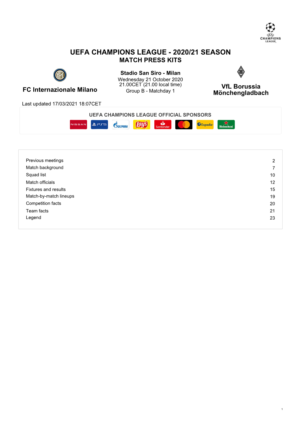 Uefa Champions League - 2020/21 Season Match Press Kits