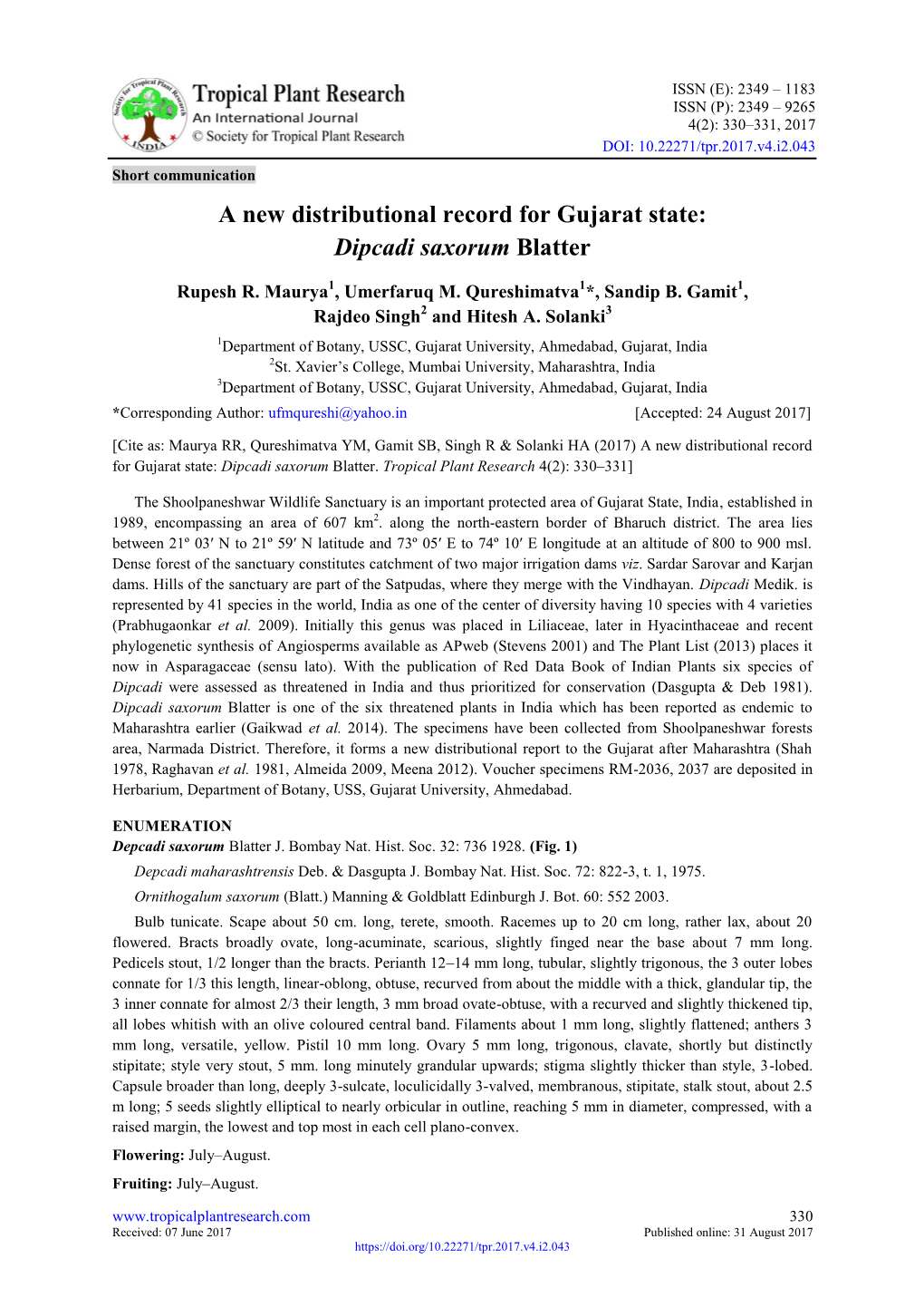 A New Distributional Record for Gujarat State Dipcadi Saxorum Blatter