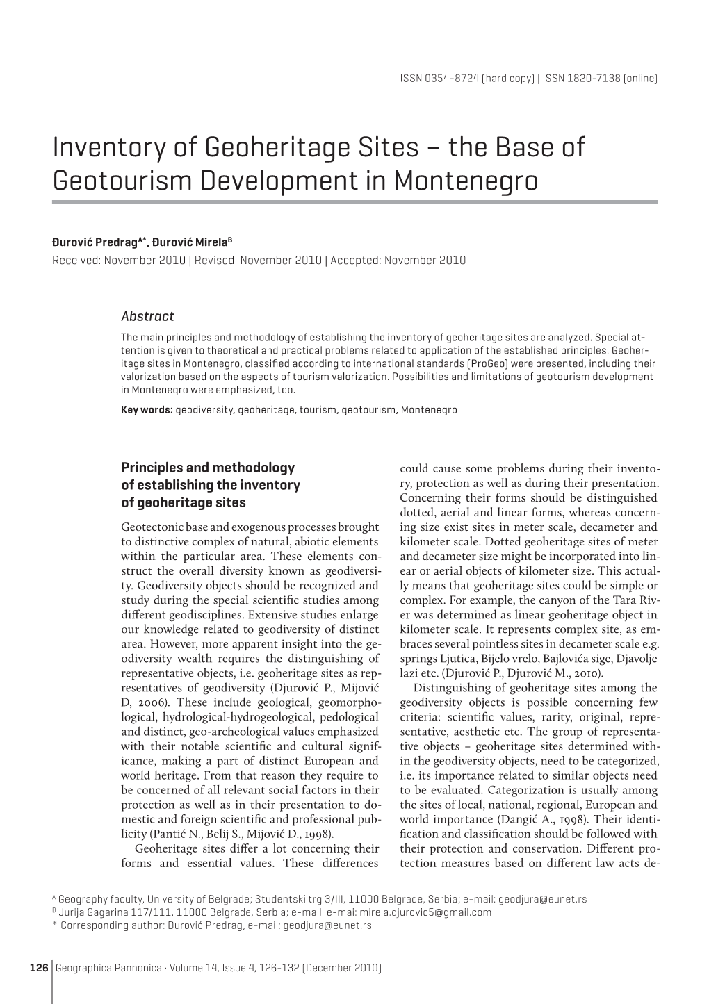 Inventory of Geoheritage Sites – the Base of Geotourism Development in Montenegro