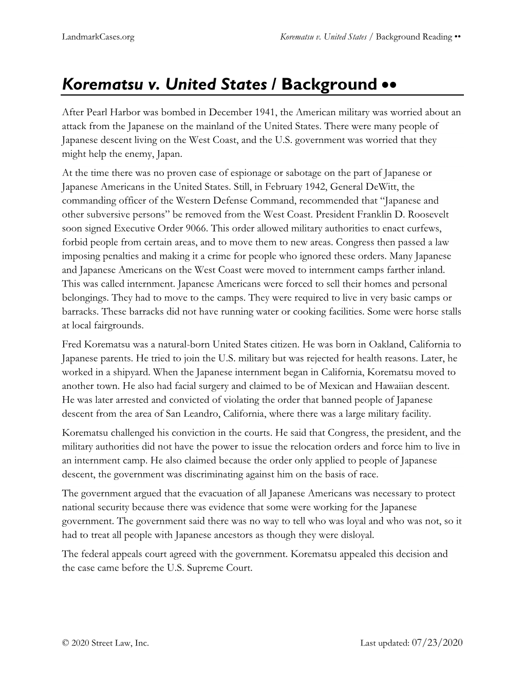 Korematsu V. United States / Background ••