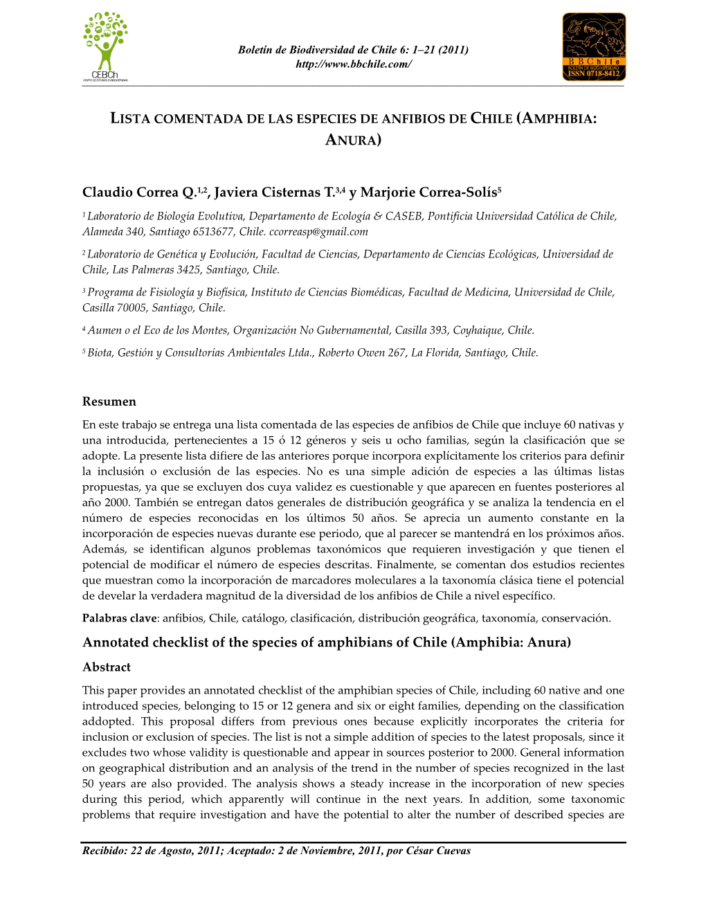 Claudio Correa Q.1,2, Javiera Cisternas T.3,4 Y Marjorie Correa-Solís5 Annotated Checklist of the Species of Amphibians of Chil